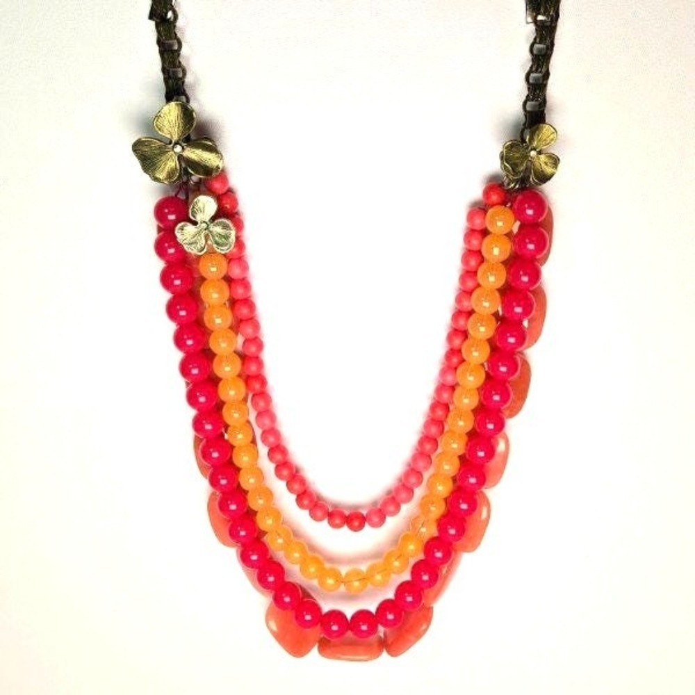 Vintage Fossil Brand 4-Strand 4-Color Beaded Statement Necklace Bronzetone Chain